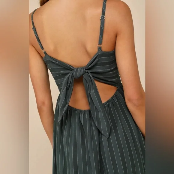 Lulus Feeling the Best Green Striped Tie-Back Midi Dress with Pockets - Picture 4 of 7